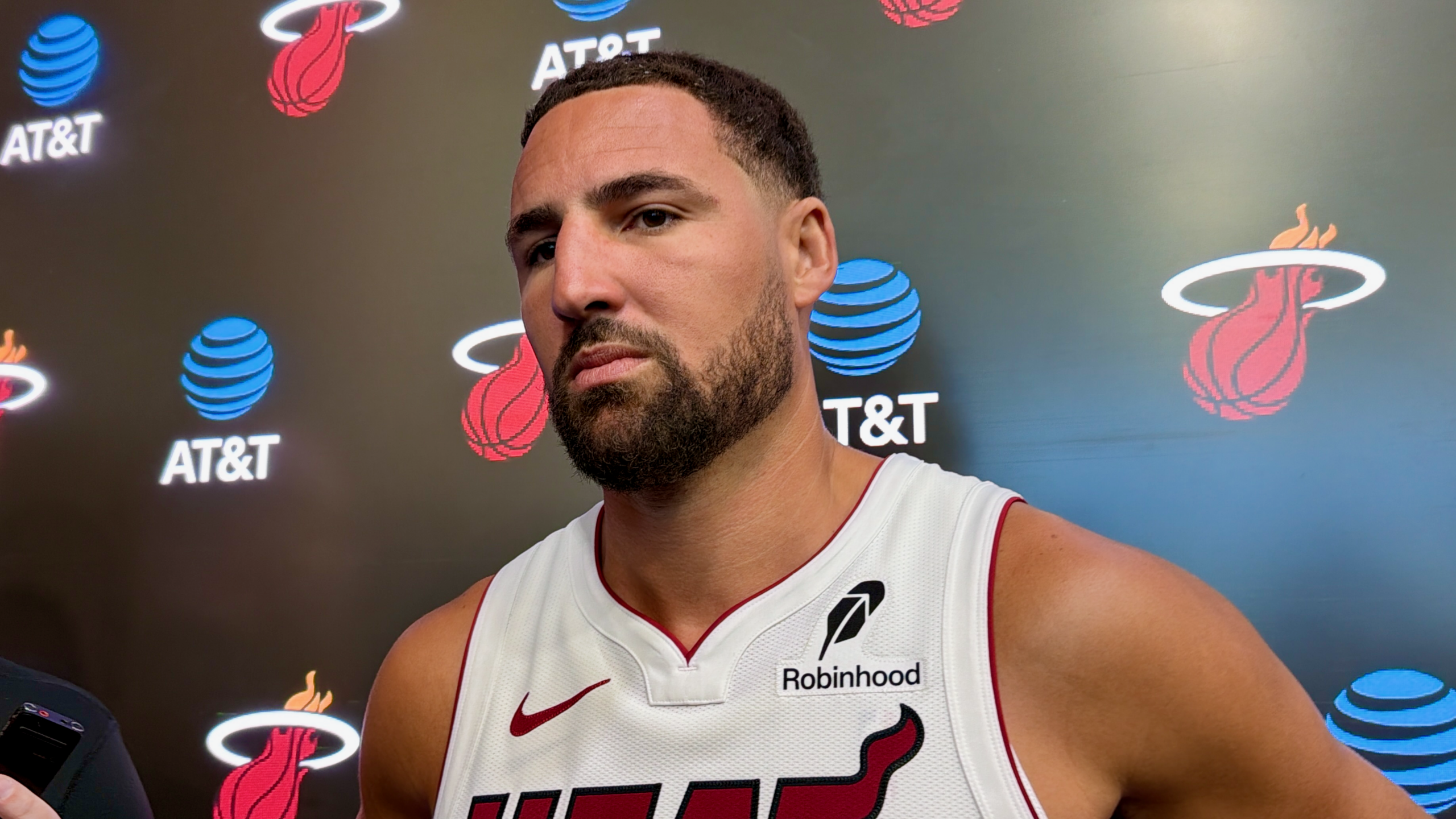 Klay Thompson is interviewed at 2026 Miami Heat Media Day.